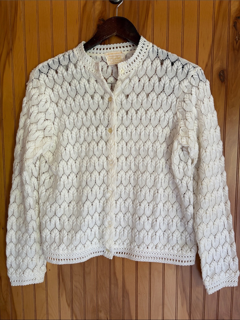 Vintage 60s/70s Carol Brent Ivory Crochet Cardigan Sweater Open Knit S/M. *Flaws